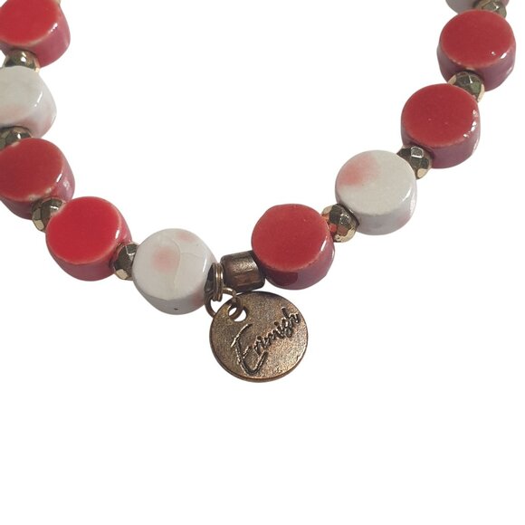 Vintage Erimish Ceramic Bead Bracelet Red White Handmade Stretch Band Gift Mom - Picture 2 of 3